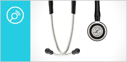 Κώδωνας και ελιές ενός 3Μ Littmann Classic III Στηθοσκοπίου, συν ένα εικονίδιο κώδωνα με λευκό χρώμα και γαλάζιο φόντο.
