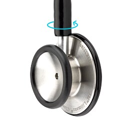 Κώδωνας 3Μ Littmann Classic III Στηθοσκοπίου με ένα γαλάζιο βέλος που υποδεικνύει την περιστροφή του κώδωνα.