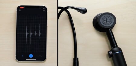 Κοντινό πλάνο του ψηφιακού στηθοσκοπίου littmann CORE που συγχρονίζεται με το EKO App

