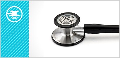 Κοντινό πλάνο κώδωνα ενός 3Μ Littmann Cardiology III Στηθοσκοπίου, συν ένα εικονίδιο συντονιζόμενου διαφράγματος με λευκό χρώμα σε γαλάζιο φόντο.
